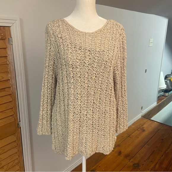 Dana Buchman Open Knit Crochet Sweater Size L Oatmeal Built in Camisole Boho - Picture 10 of 14
